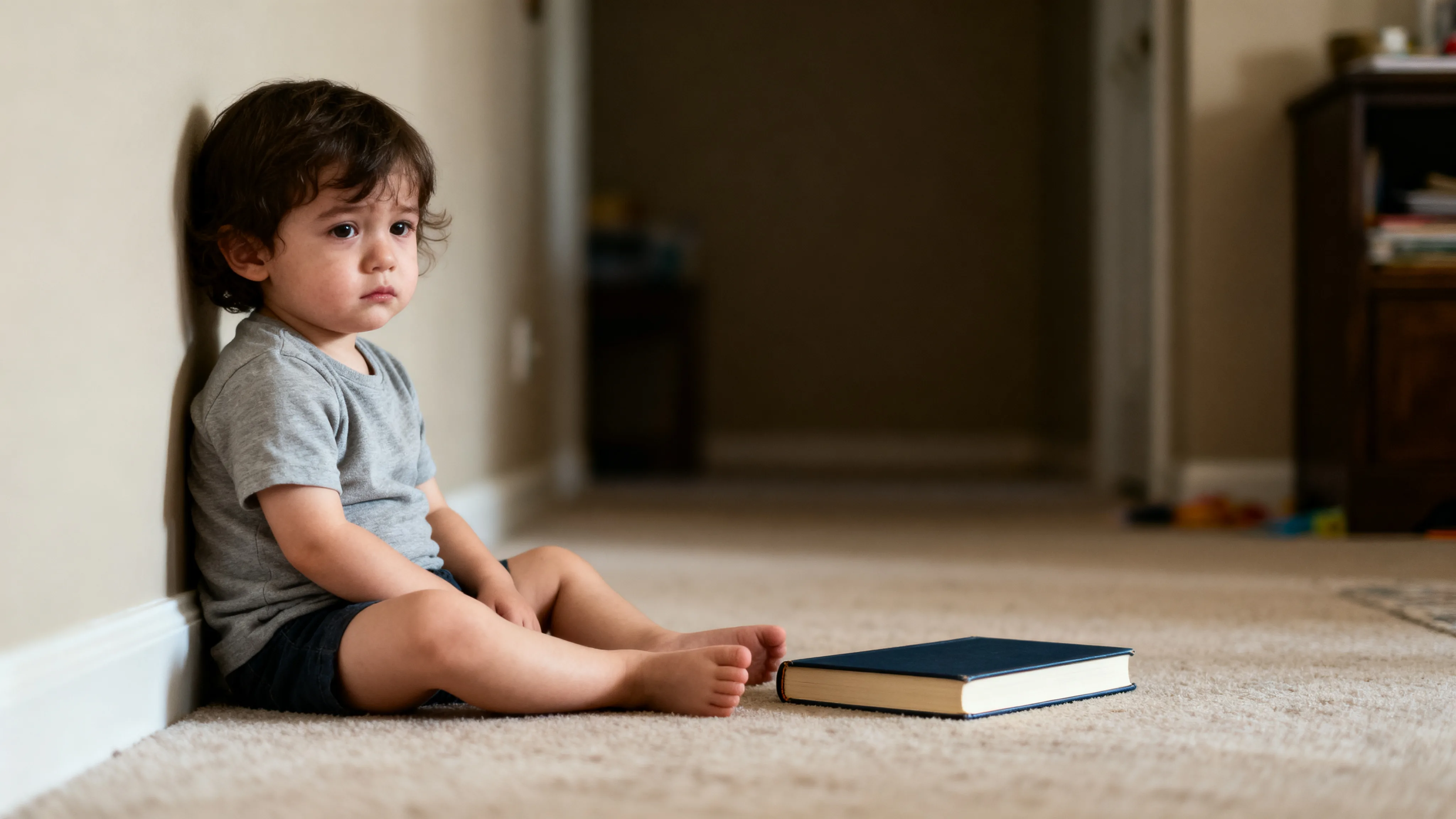 Child sitting beside a closed book, disengaged from reading
