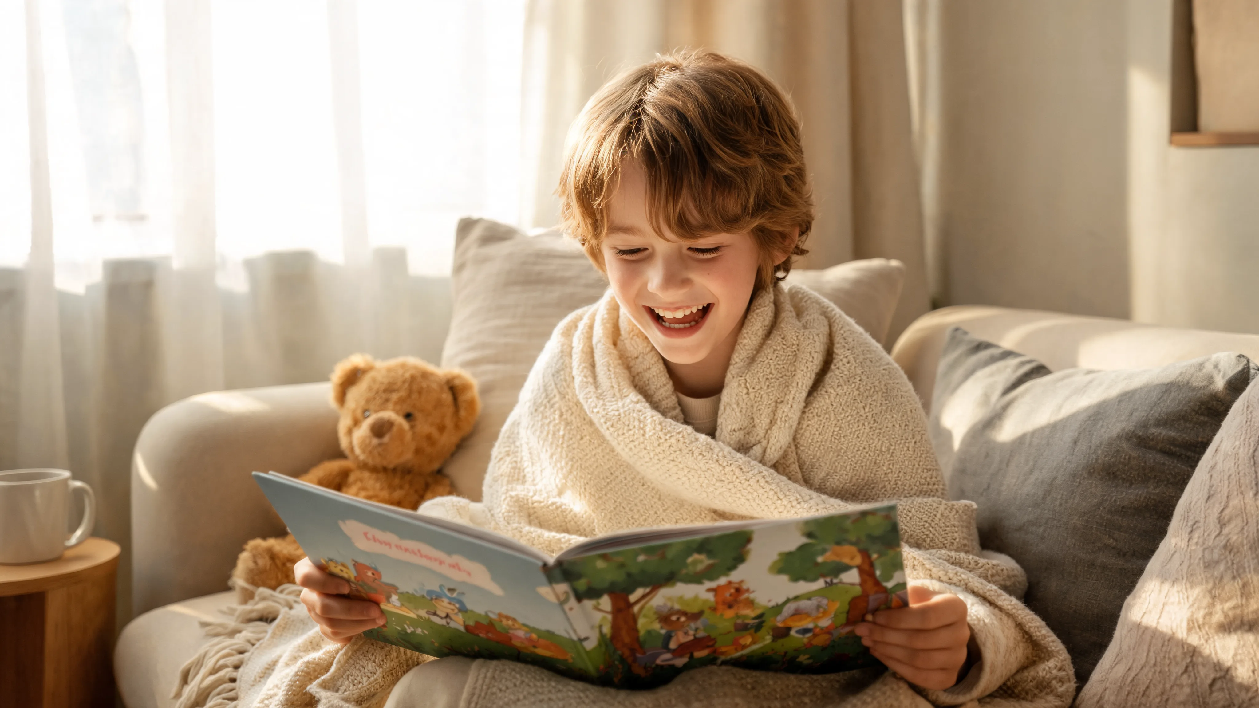 Open personalized children's book in soft natural light with the story visible