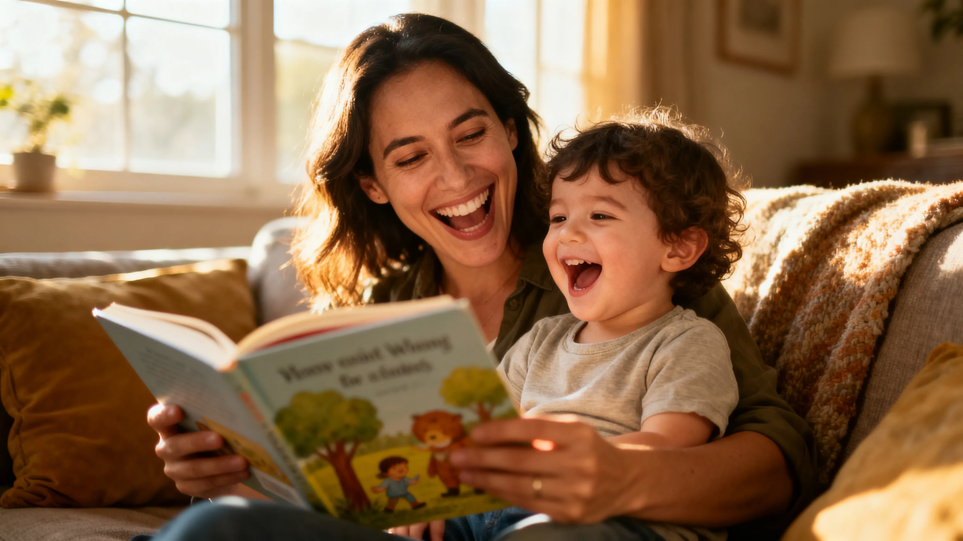Parent and child laughing together over a silly picture book on a couch
