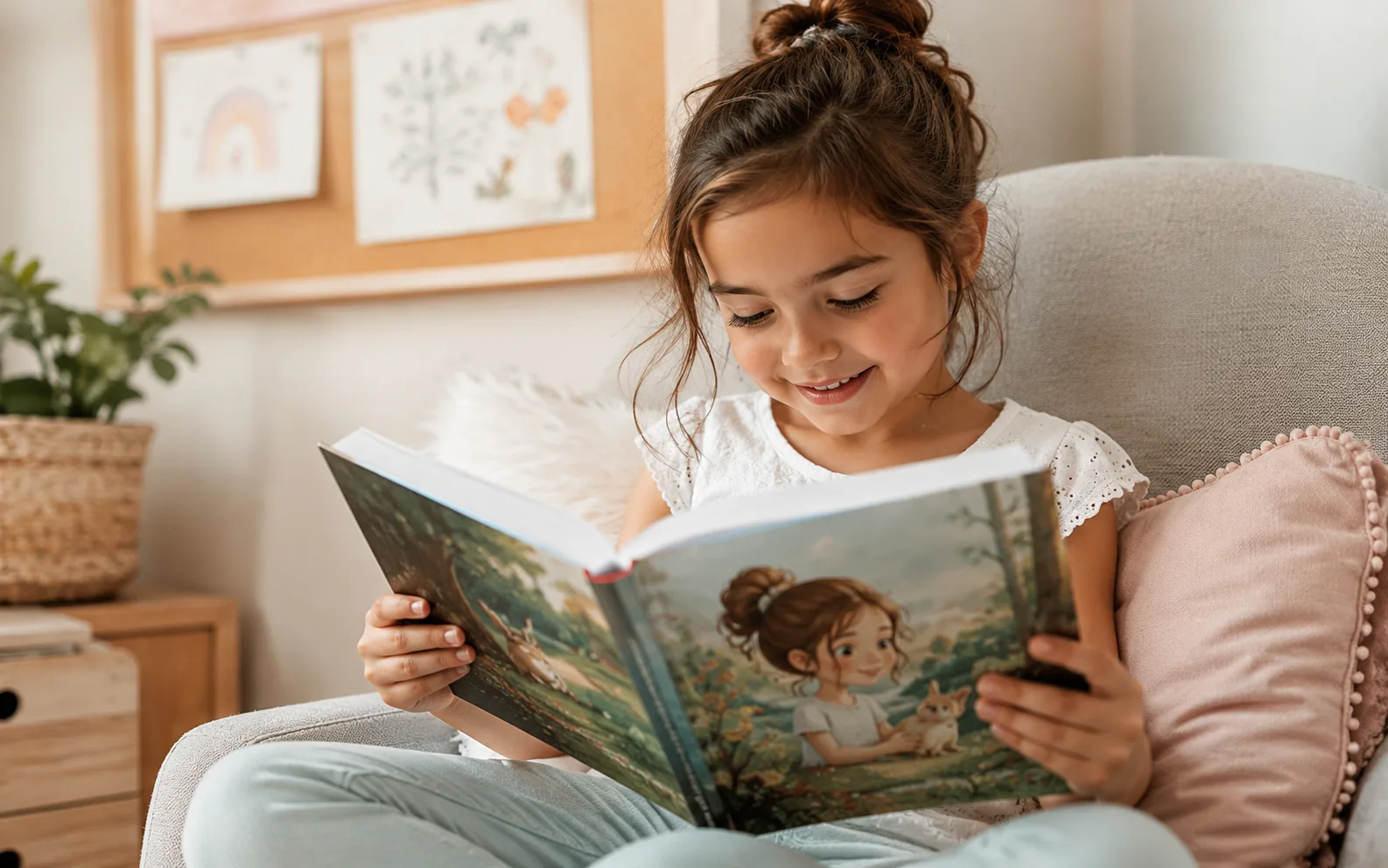 Child reading a personalized book with focused attention
