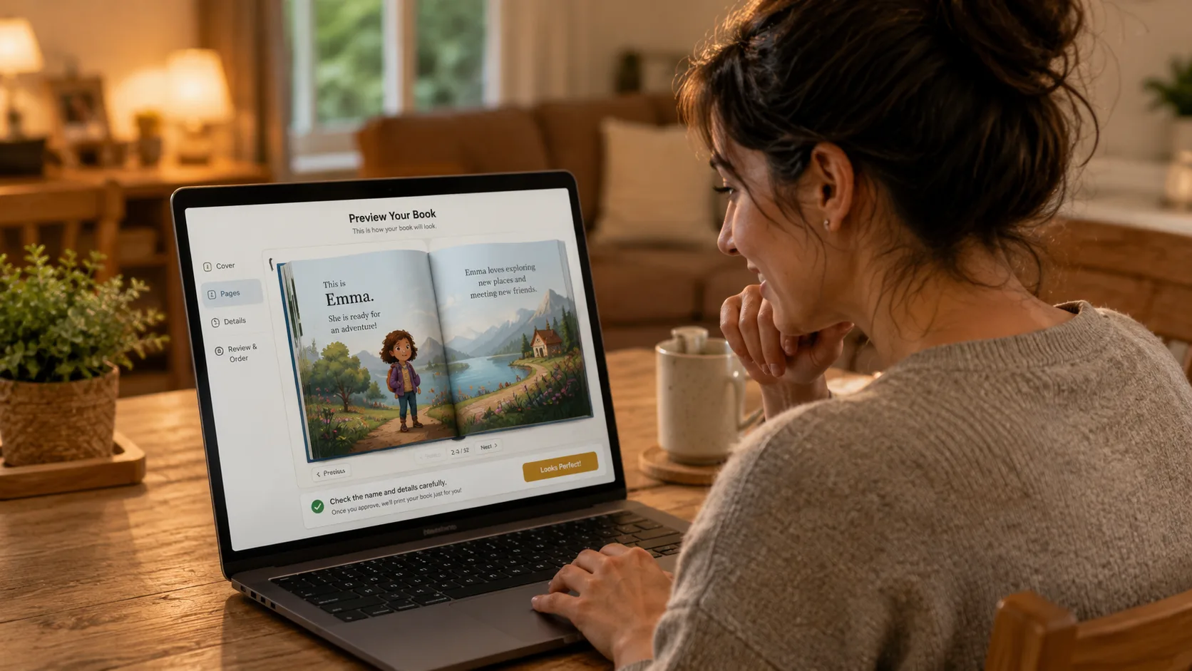 Parent sitting at a laptop reading the inside preview of a personalized children's book before ordering — checking name spelling on screen