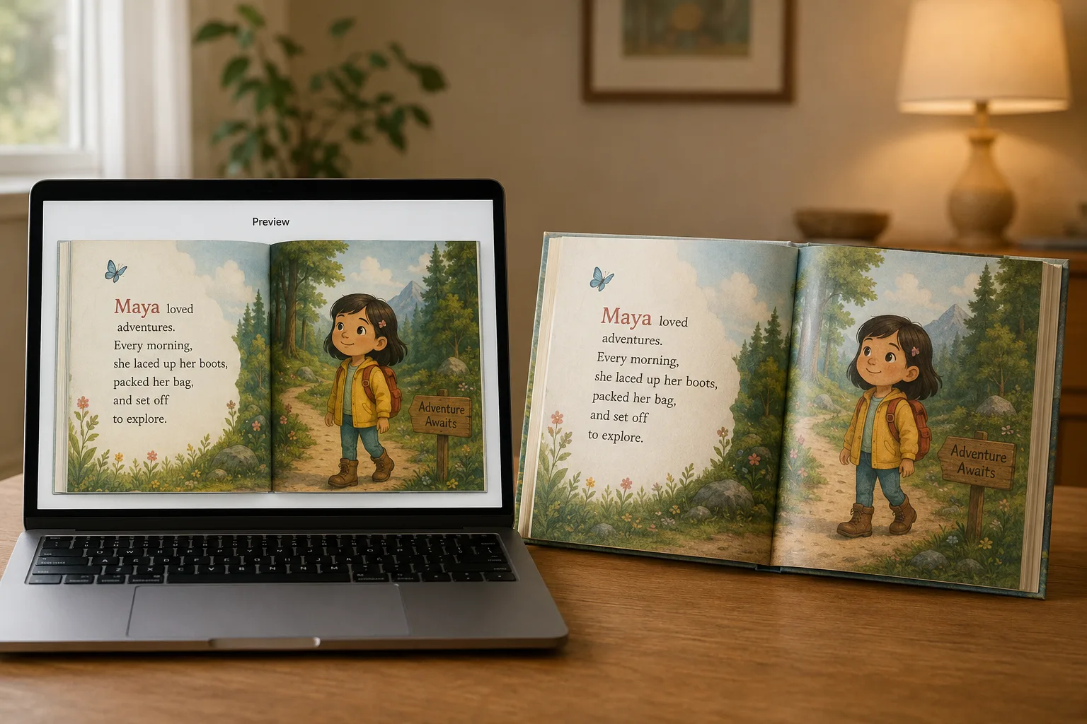 Side-by-side comparison of a personalized book preview screen and the printed book — checking that text, color and name appear the same in both