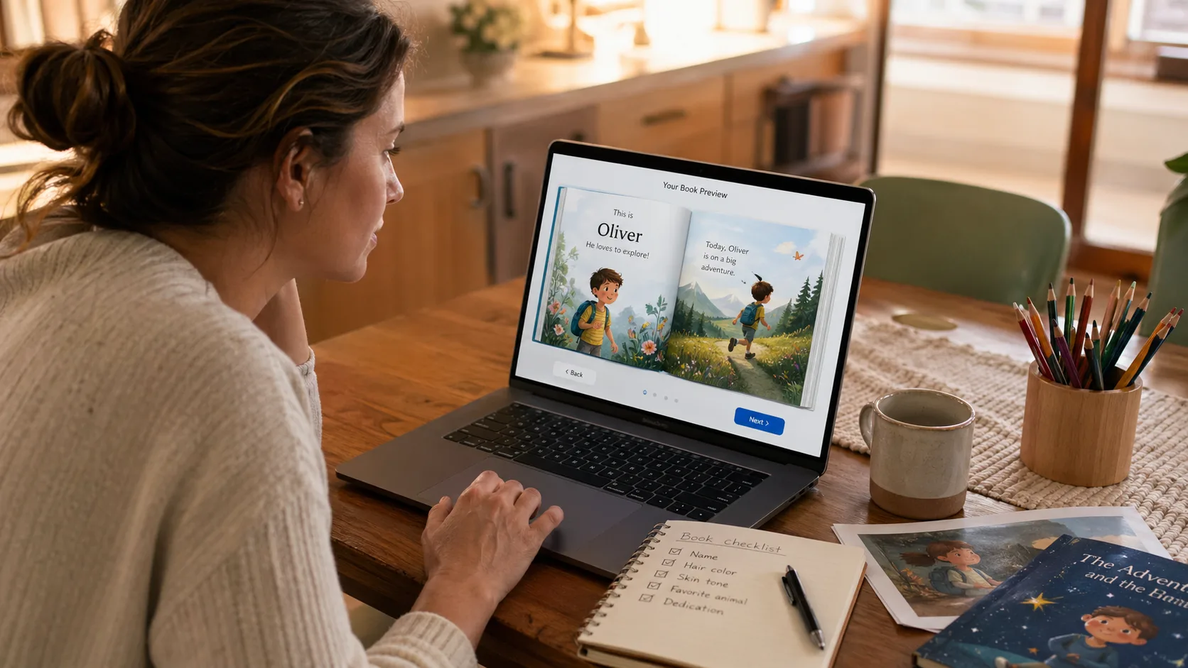 Parent and child choosing a personalized book together