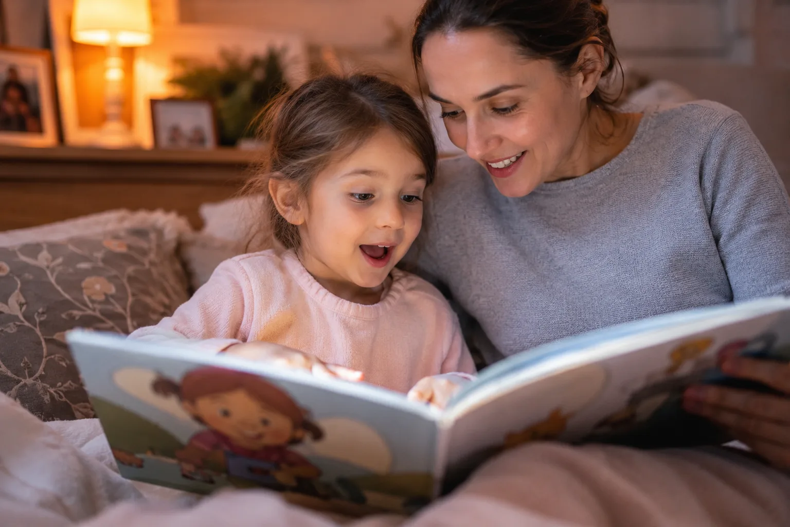 A preschool-aged child sitting close to a parent while they read a personalized book together
