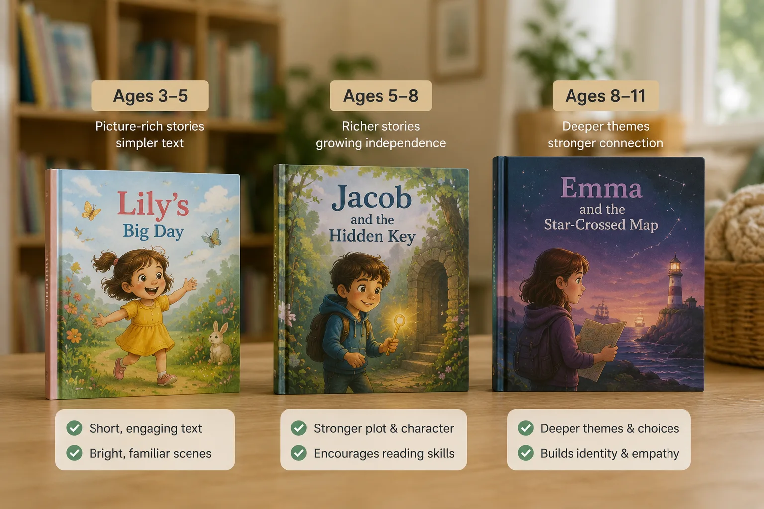 Examples of personalized books matched by age group from toddler to older child