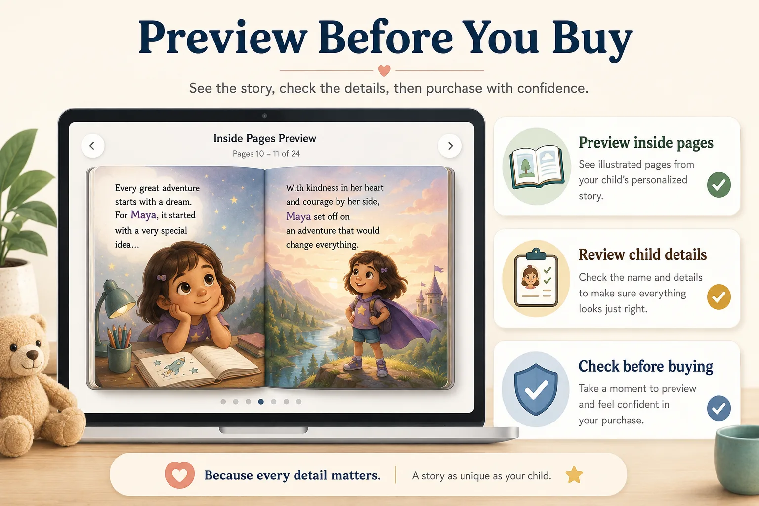 Parent previewing a personalized children's story before purchase
