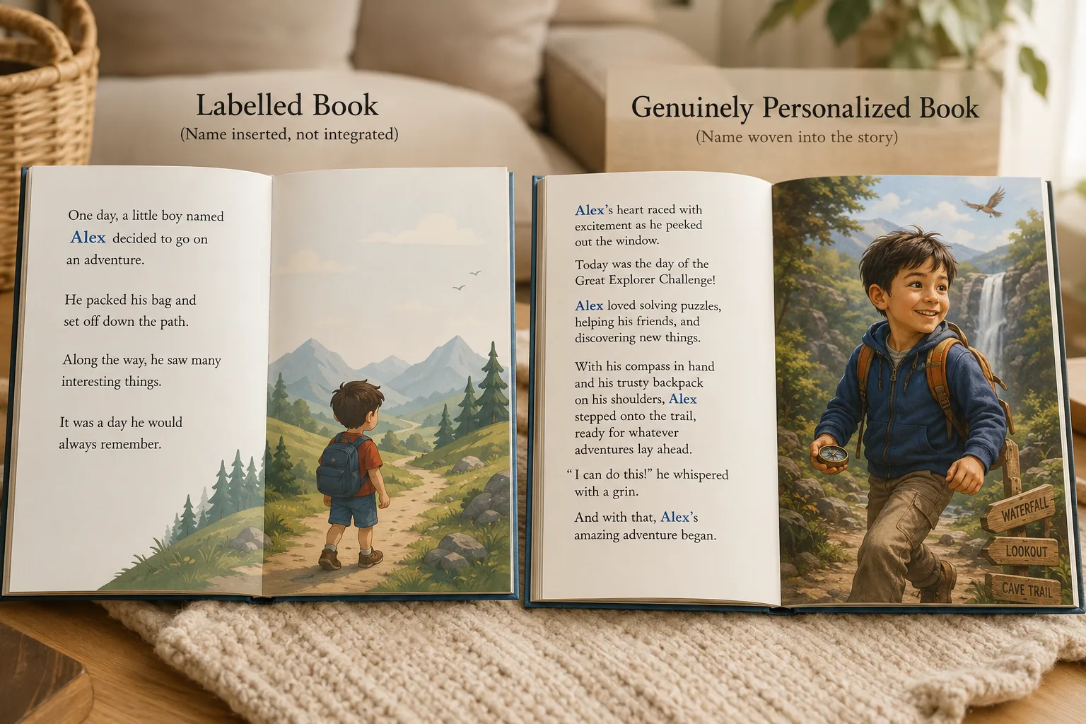 Side-by-side comparison of a generic name-inserted book and a deeply personalized story where the child affects the plot