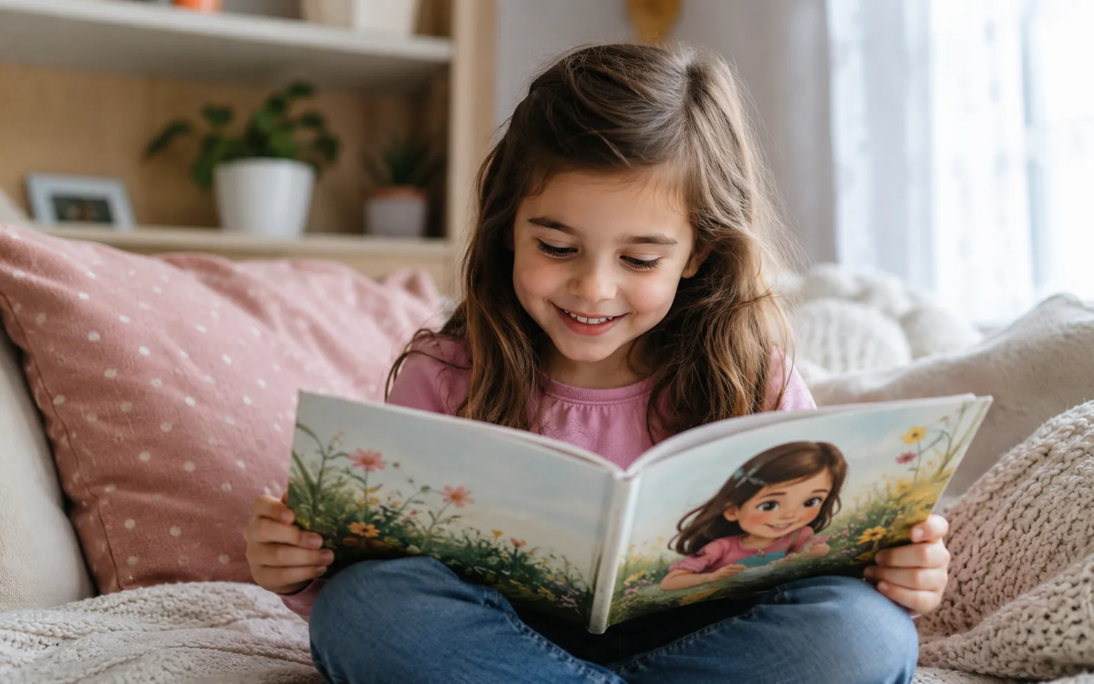 Child reading a personalized book and staying engaged