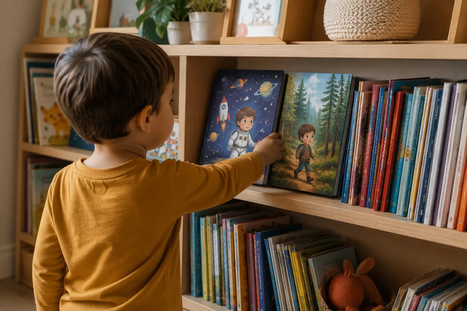 Young child standing at a low bookshelf, reaching for a book while choosing between regular and personalized options