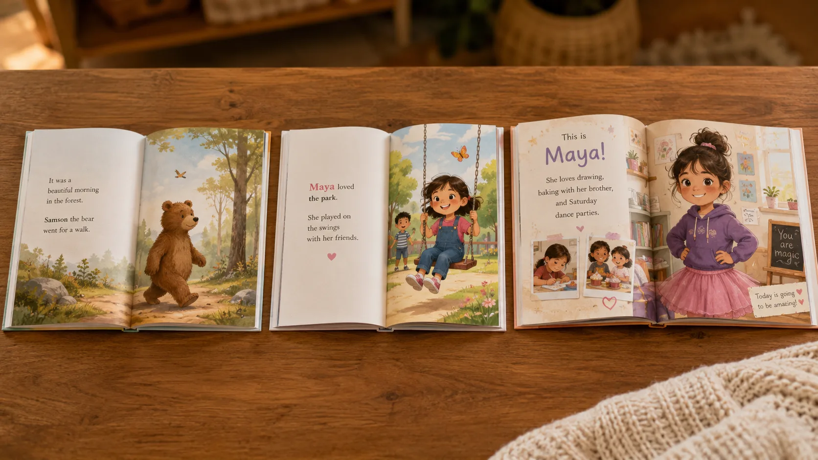 Three children's books open side by side on a table: a classic picture book, a labelled personalized book, and a truly personalized story showing different inside-page experiences