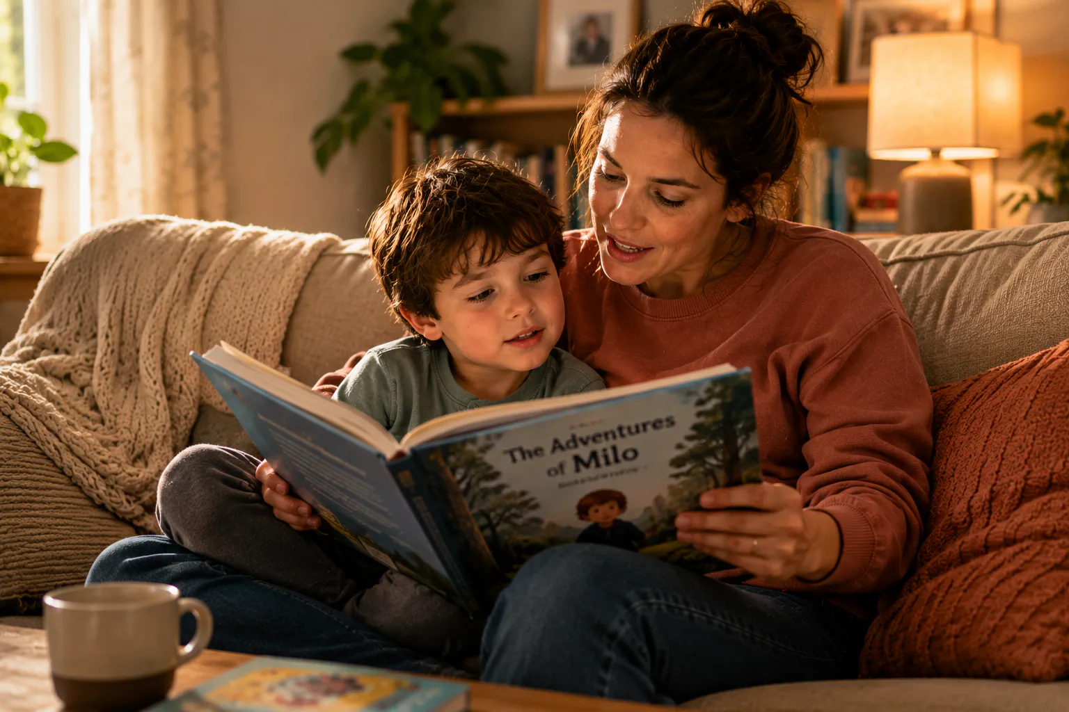 Parent and child on a couch sharing a personalised children's book, child pointing at their own name on the page with delight