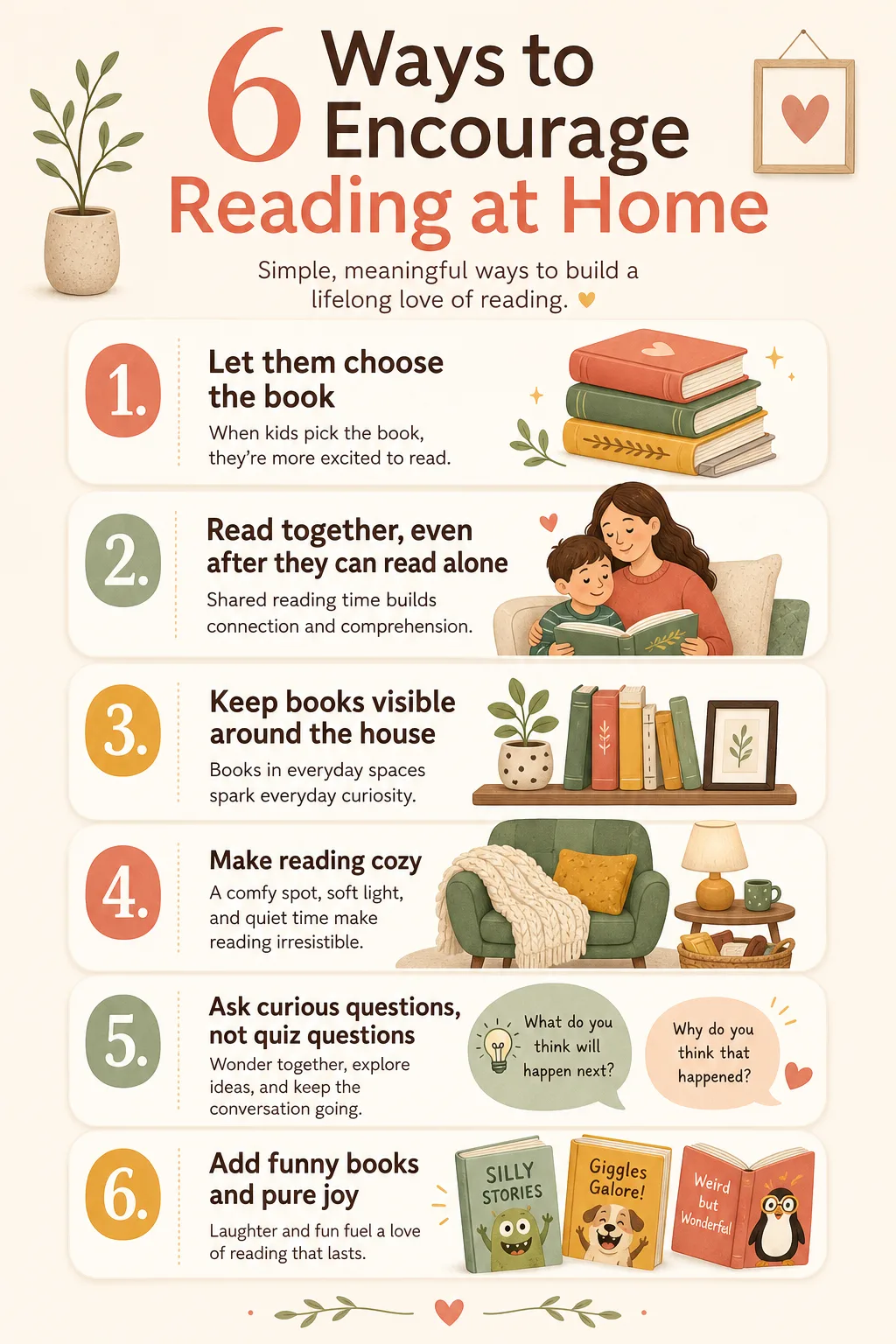 Six ways to encourage reading at home Infographic showing six simple ways parents can encourage reading at home