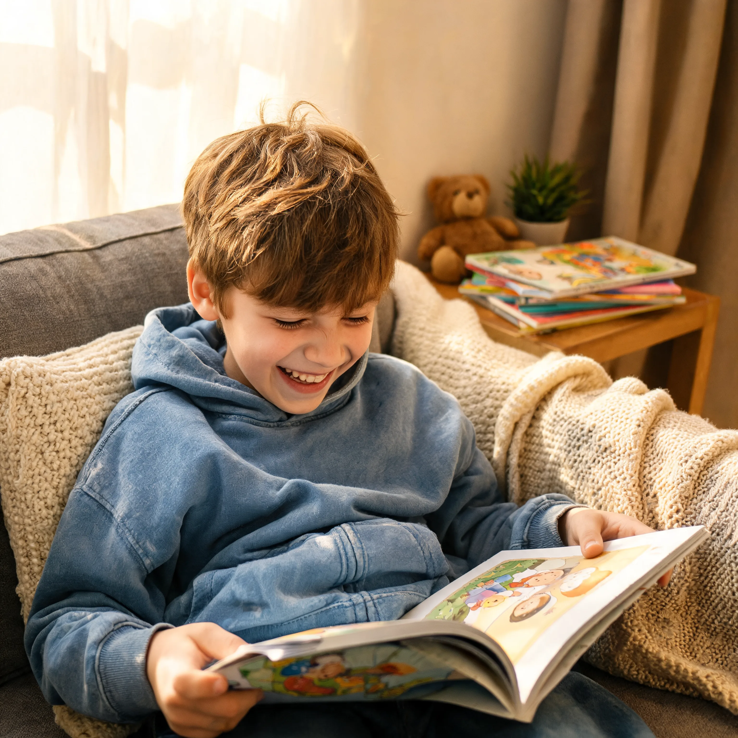 Humor helps children love reading Child laughing while reading a funny book, connecting joy and reading at home