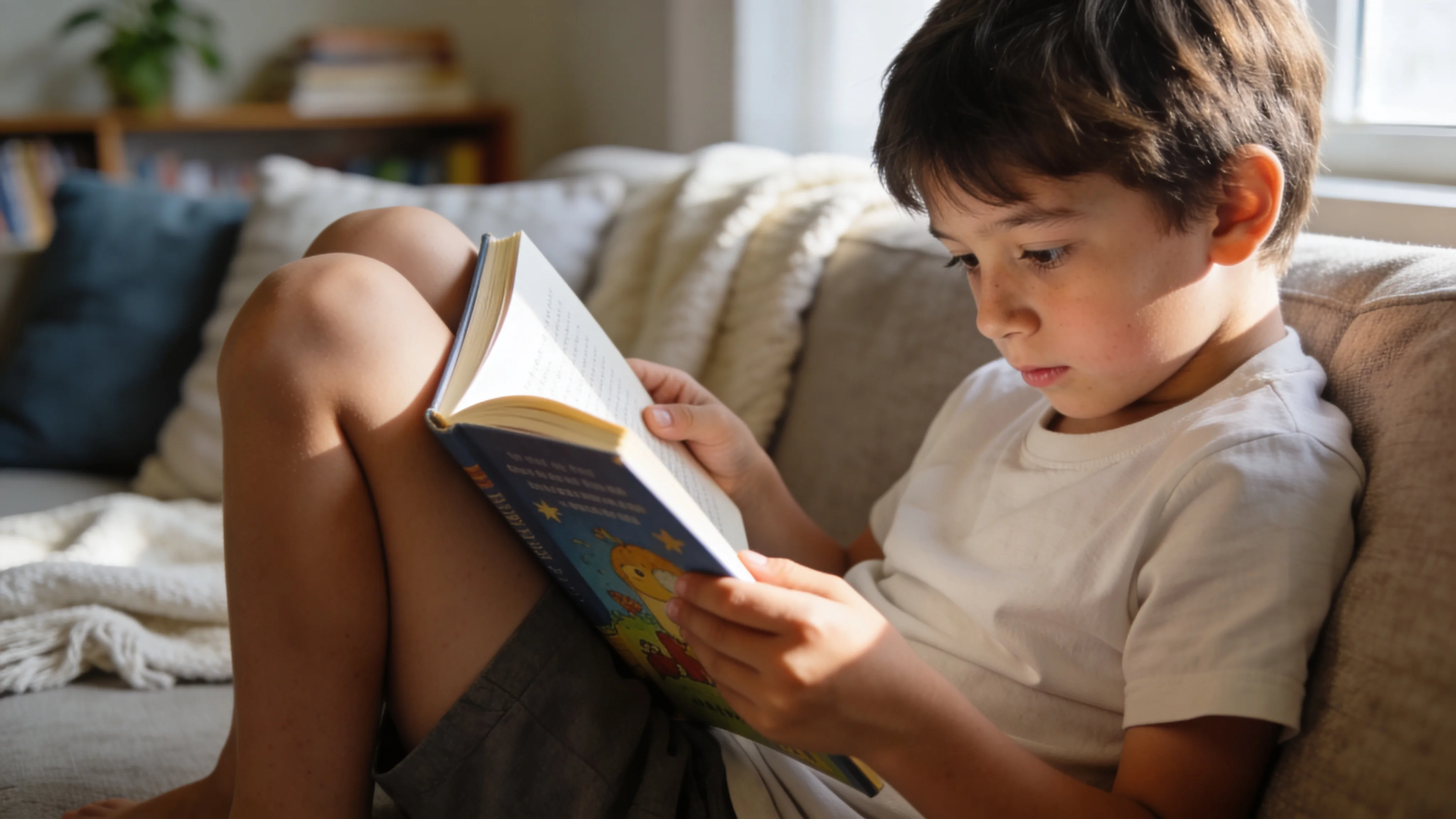 How Reading Builds Confidence and Imagination in Children Young child curled up on a couch reading a hardcover book in soft afternoon light, fully absorbed in the story