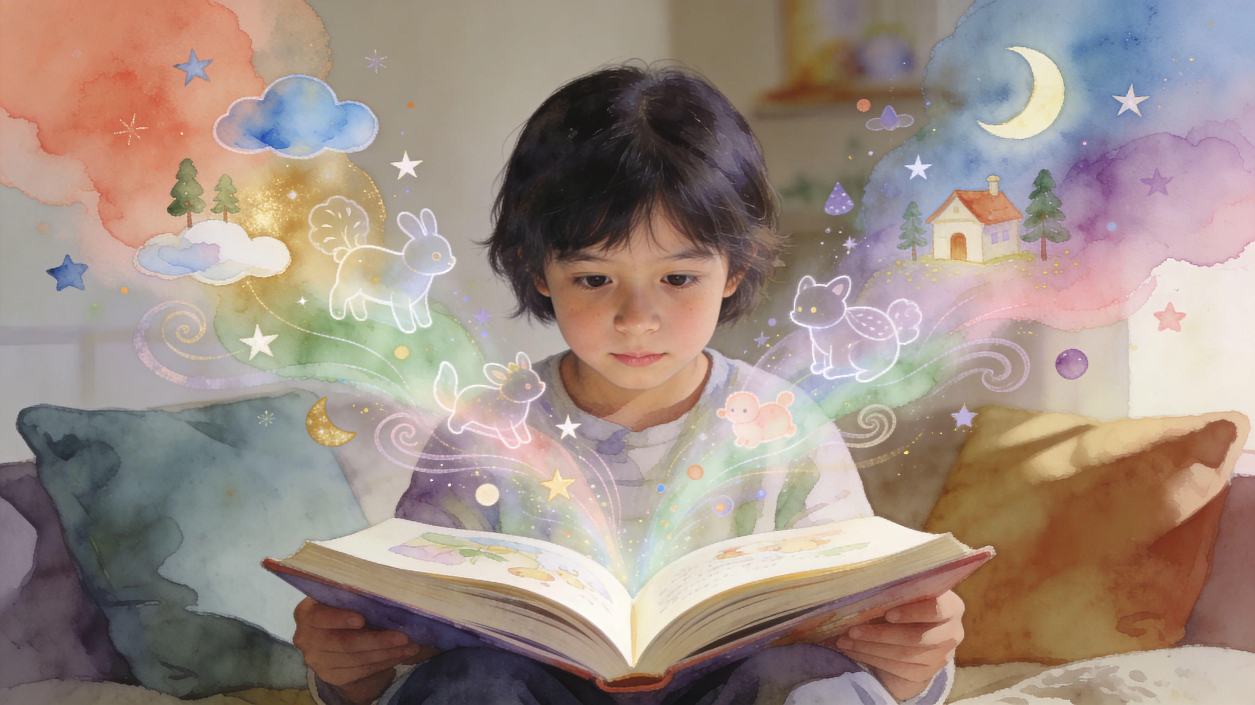 How stories expand a child's imagination Child reading an open picture book with soft watercolor characters drifting upward from the pages, suggesting an imaginative world unfolding