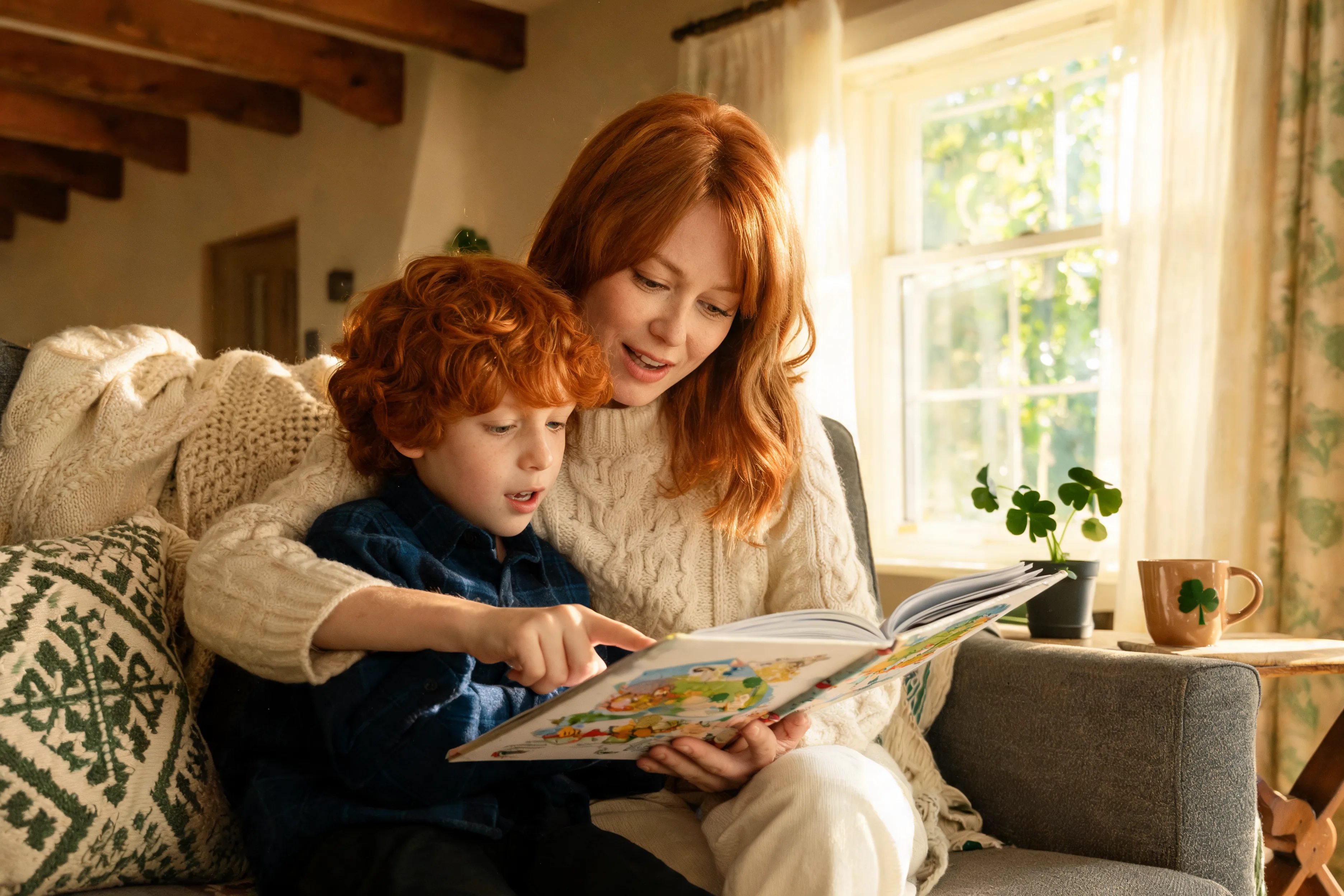 Books help children talk about feelings Parent and child reading together and talking about feelings while looking at a picture book