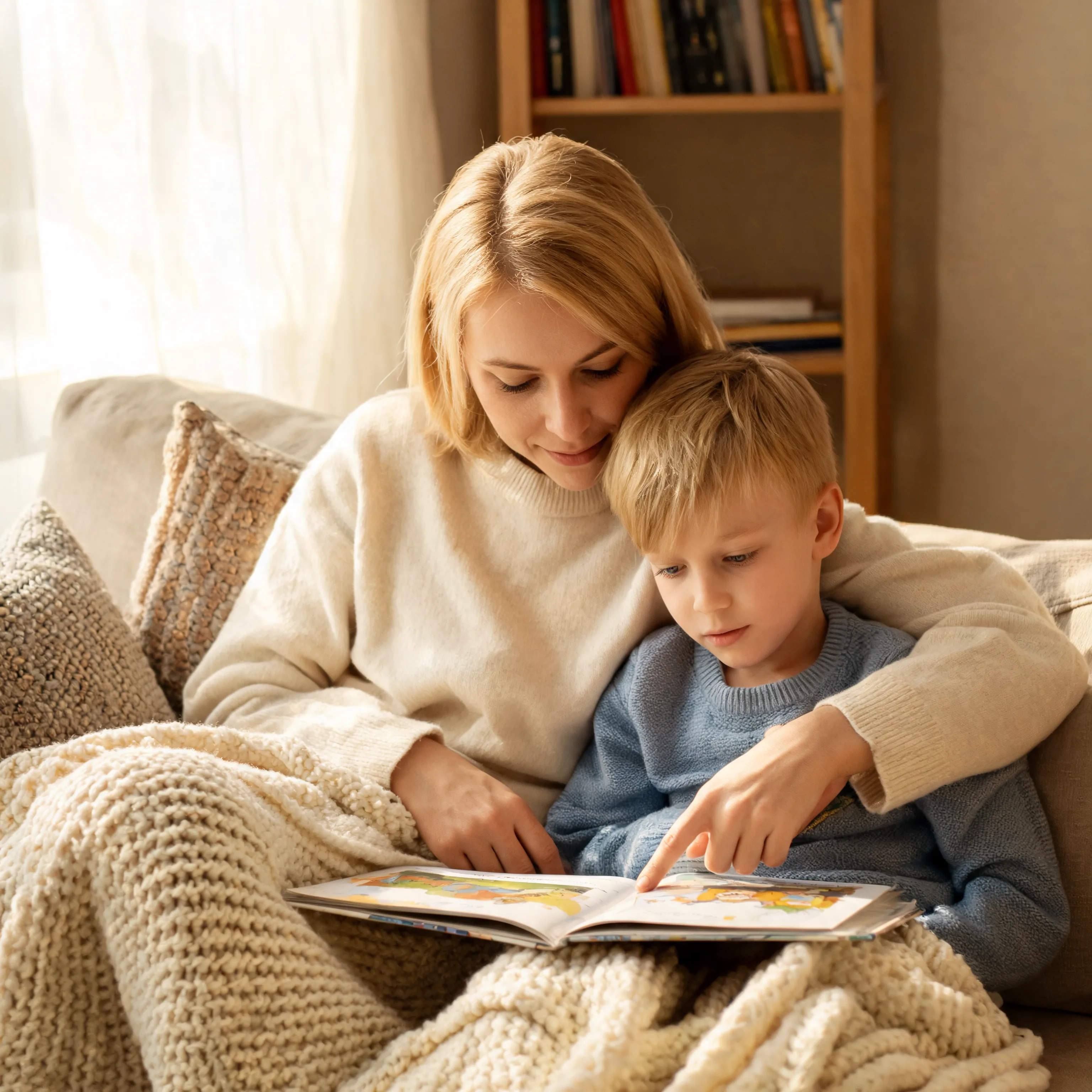 Parent reading a bedtime story to a child by lamplight
