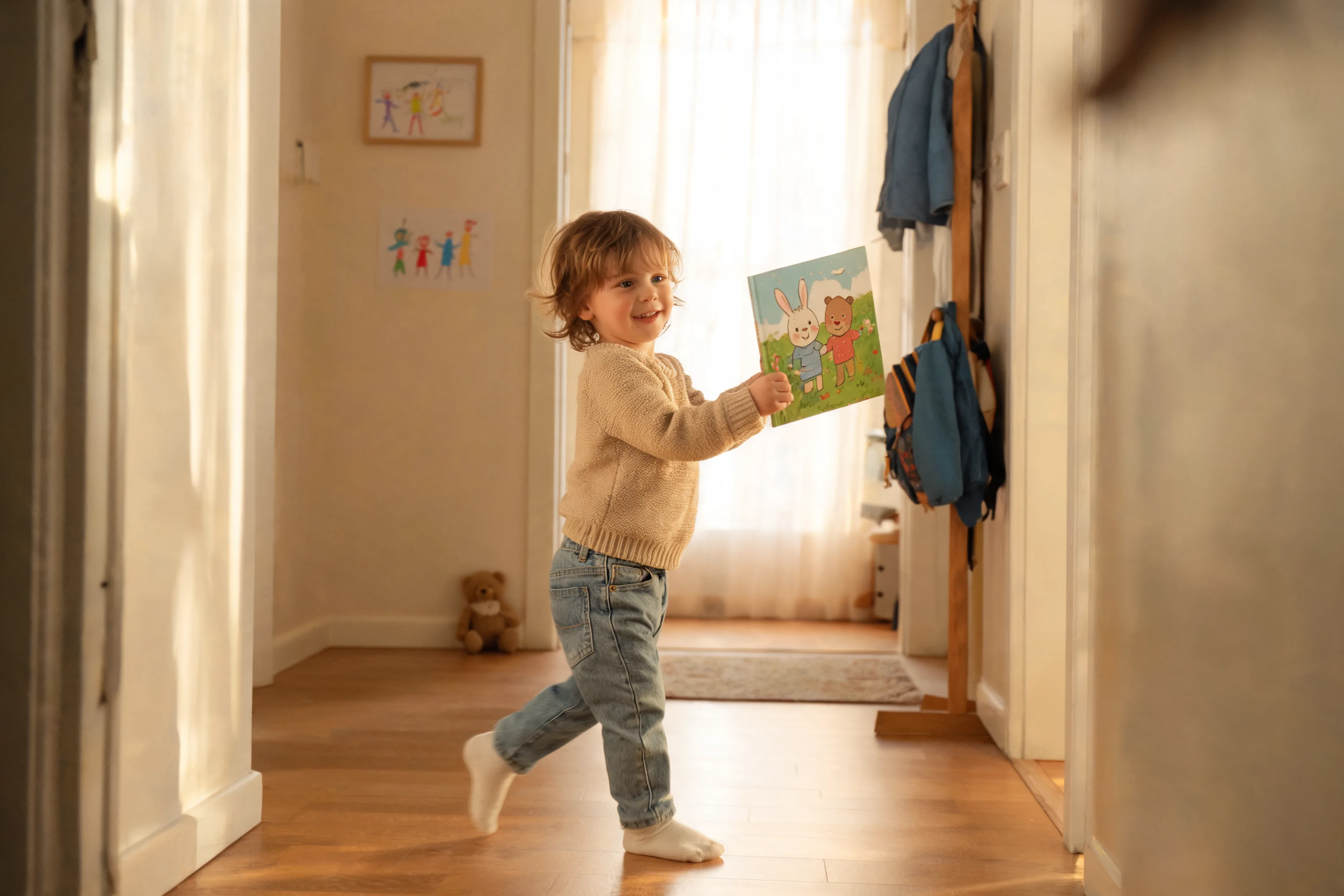 Child carrying a personalized book to share with someone