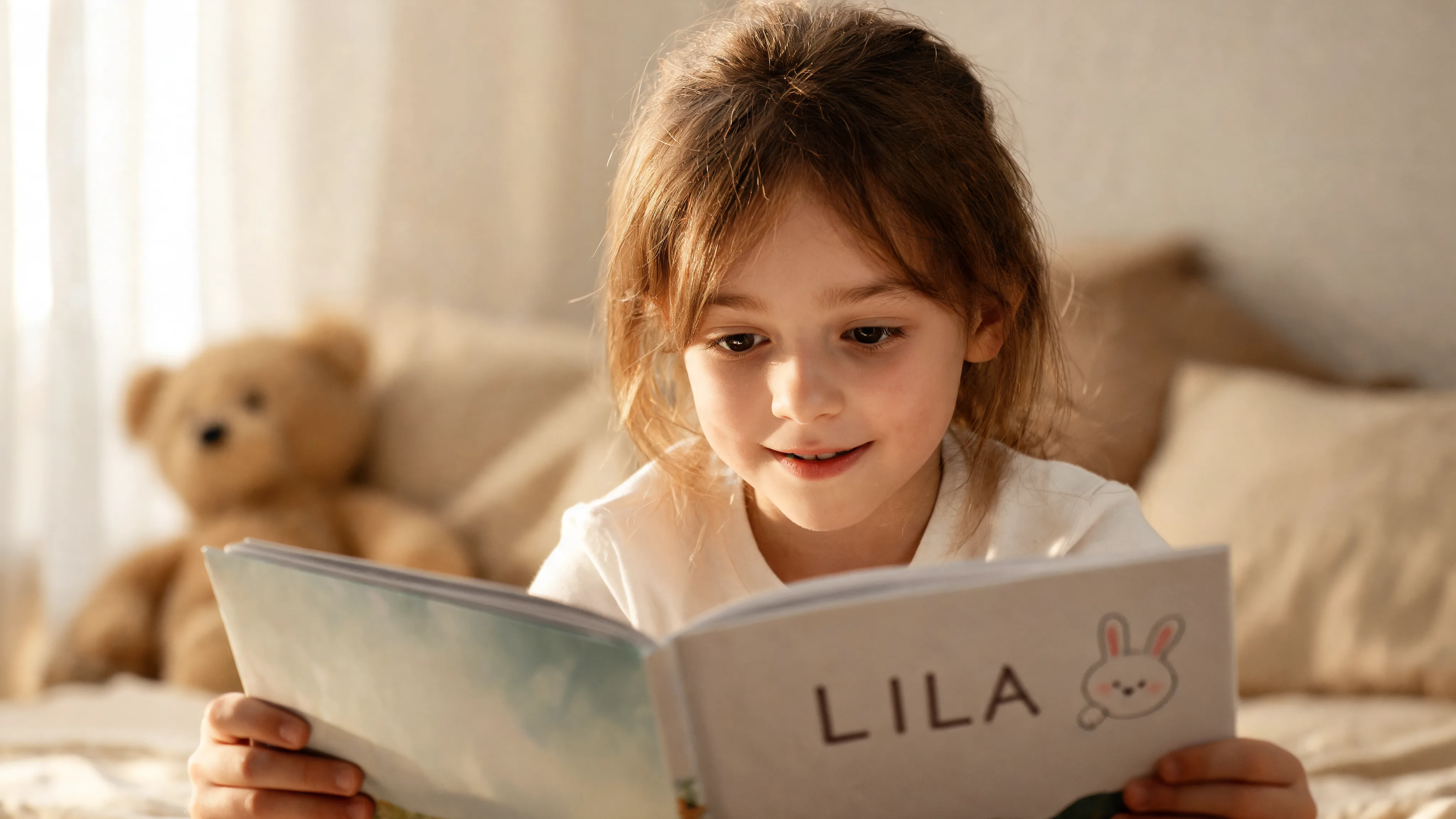 Child smiling while discovering their name on a personalized story page