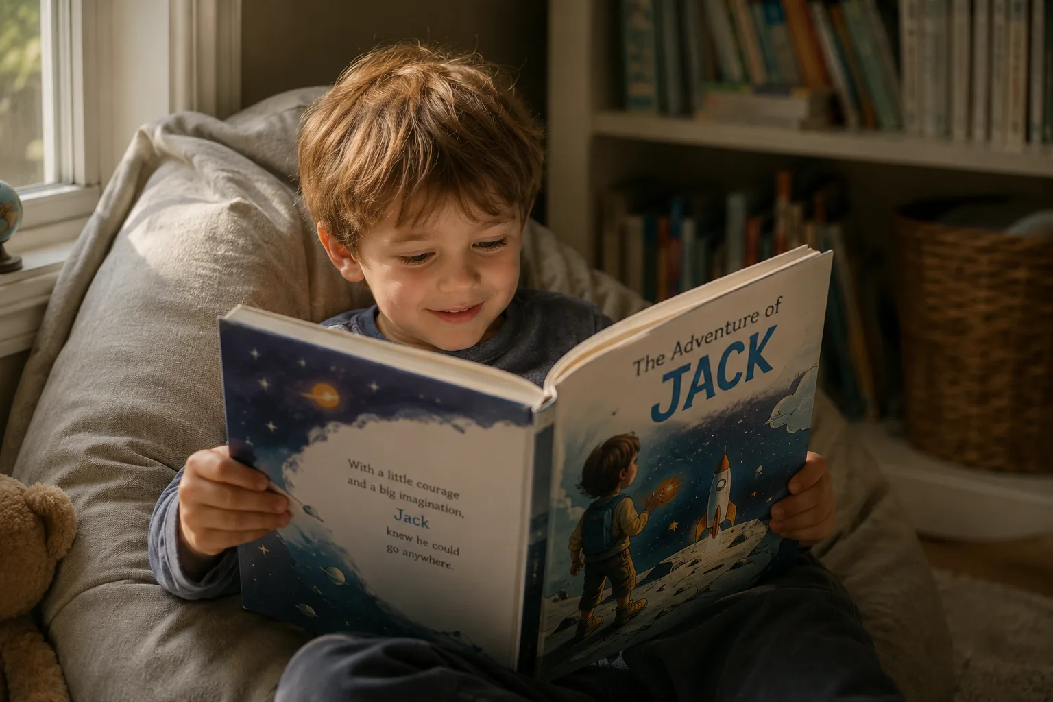 Child reading personalized book independently with focused attention