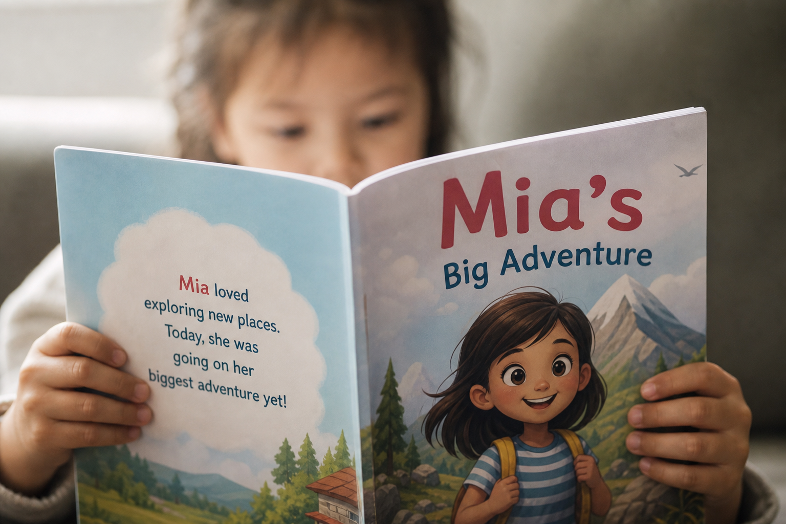 Child's hands holding an open personalized book page with their name visible